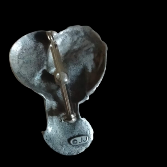 Vintage Signed JJ Lady Head Brooch Pewter Red Purple Enamel Art Nouveau Revival - Picture 2 of 2